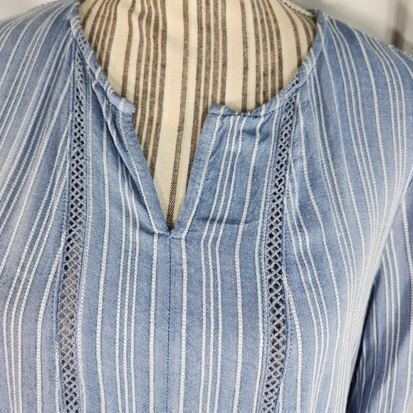 Fever Blue & White Striped Whistler's Long Sleeve Ladder Lace BOHO Top Sz Small - Picture 3 of 12